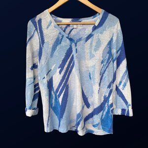 Chico's Linen Tee Size 1 (US Medium) Slub Knit Asymmetrical Hem Roll Tab Sleeves